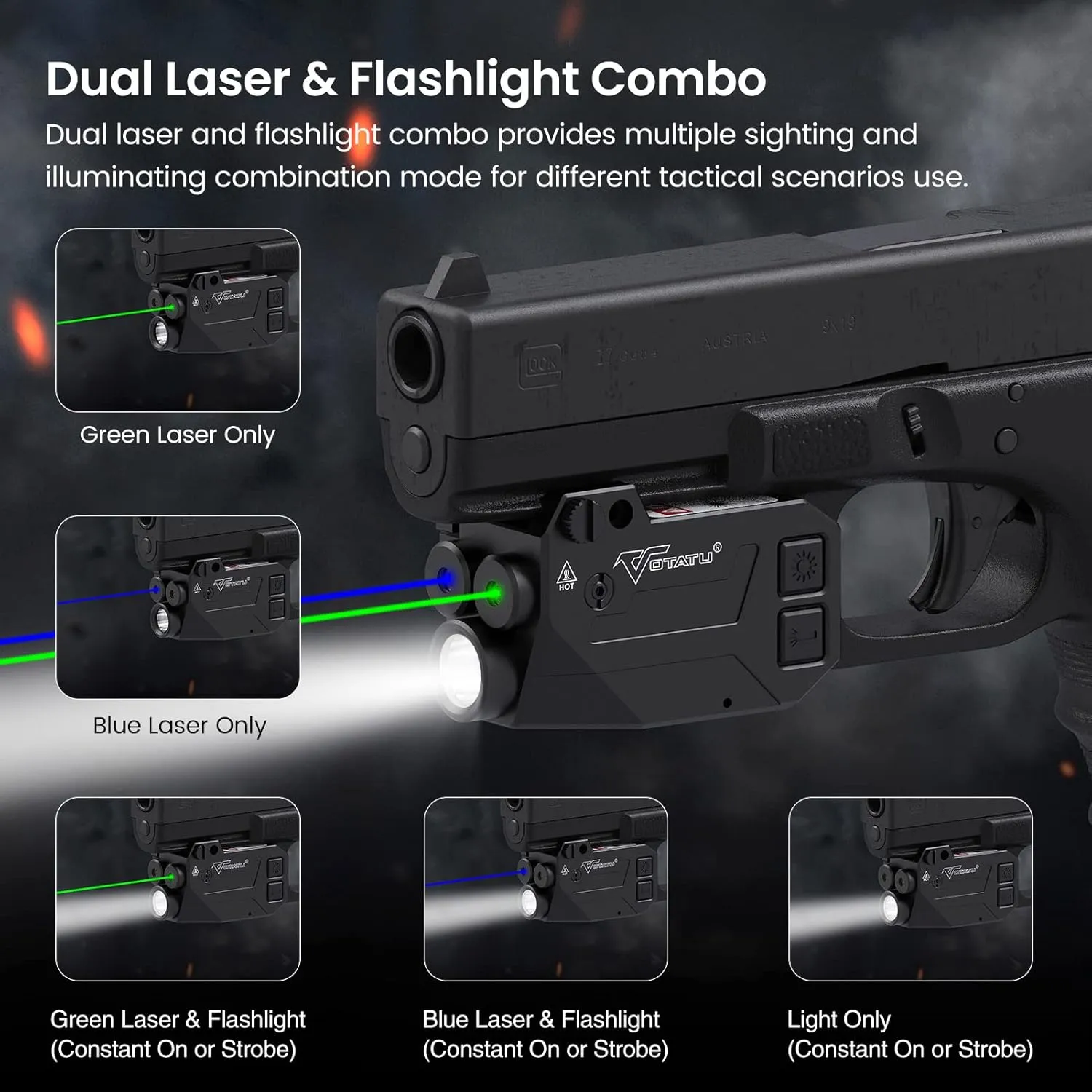 Votatu H1L-GB Laser Light Combo, 3 in 1 Strobe Green Blue Laser Sight with 750 Lumen Strobe Weapon Light for Pistol, Laser Beams for Handgun Picatinny Mount, Magnetic Rechargeable