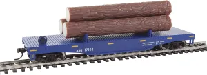Walthers Trainline HO Scale Model Log Dump Car with 3 Logs - Ready to Run Alaska Railroad #17102 (Blue, Yellow Conspicuity Marks)