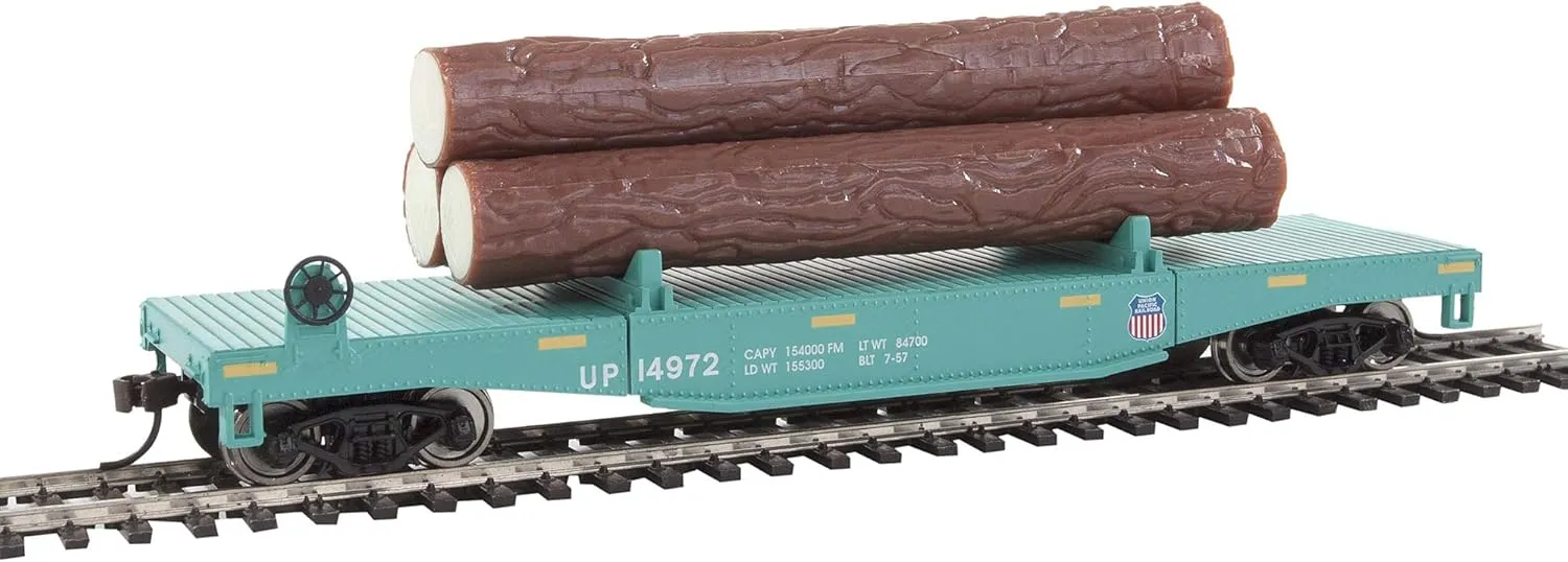 Walthers Trainline HO Scale Model Log Dump Car with 3 Logs - Union Pacific #14972 (Mow Scheme, Green, Yellow Conspicuity Marks)