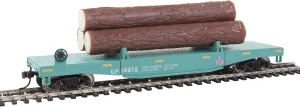 Walthers Trainline HO Scale Model Log Dump Car with 3 Logs - Union Pacific #14972 (Mow Scheme, Green, Yellow Conspicuity Marks)