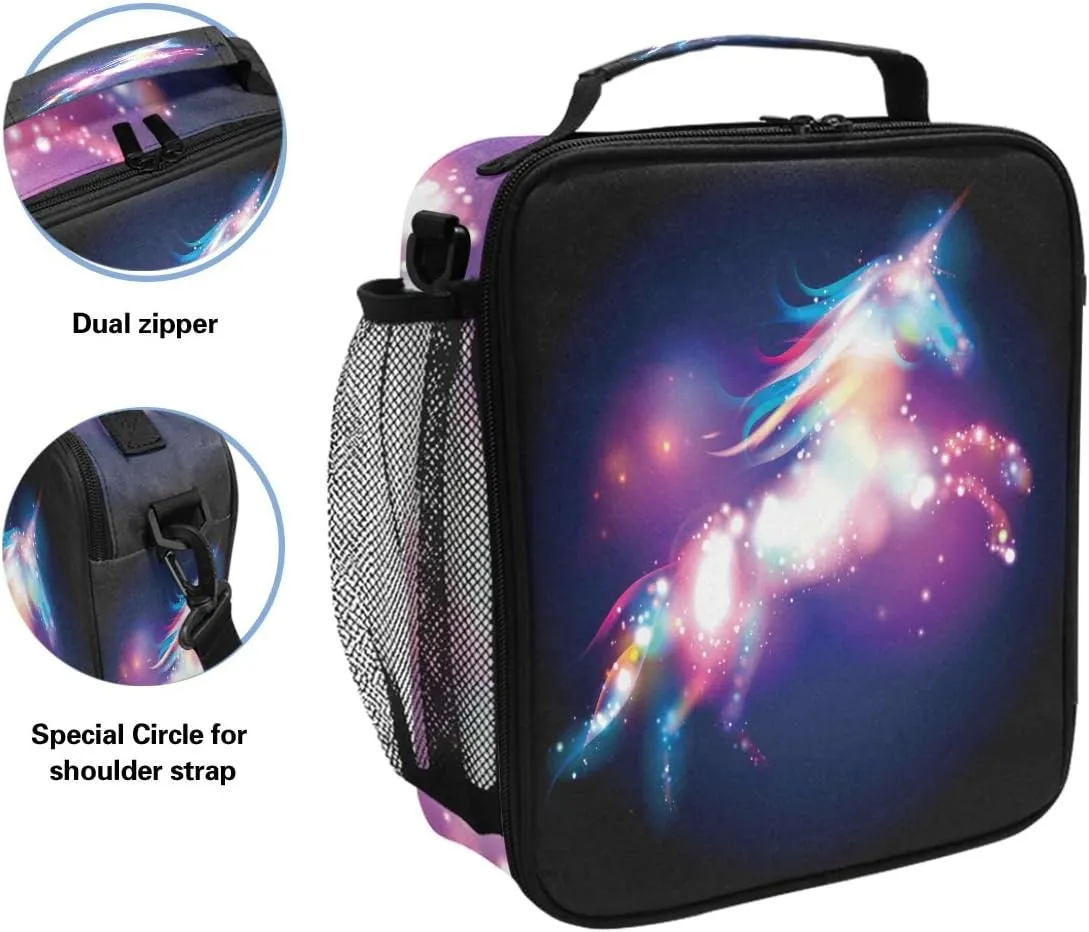 Wamika Unicorn Magic Design With Stars Lunch Box Insulated Lunch Bag Large Freezable Mermaid Unicorn Rainbow Galaxy Space Lunch Bag Tote Cooler Lunch Meal with Shoulder Strap