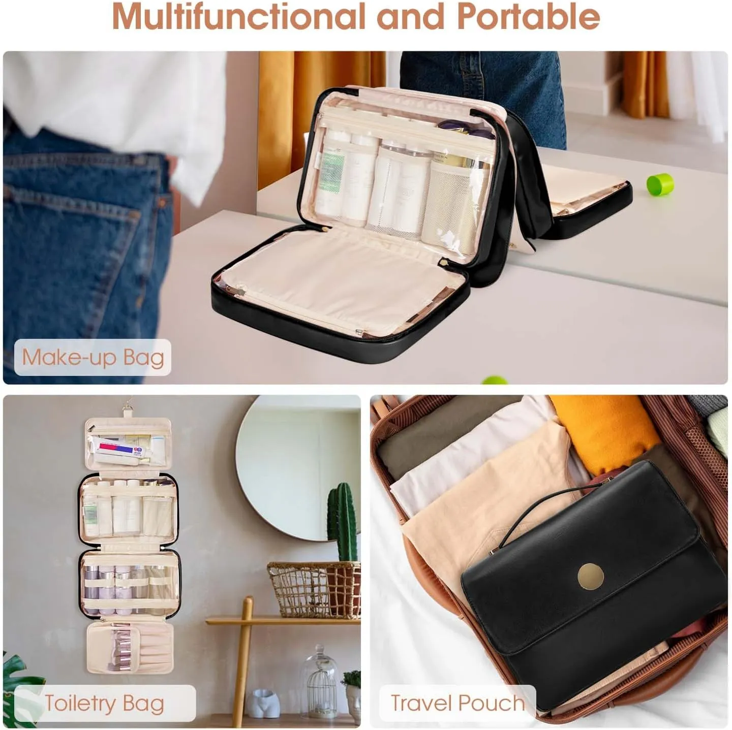Wandering Nature Toiletry Bag for Women, Hanging Travel Makeup Organizer with 4 Compartments, Pu Leather Waterproof Cosmetic Bag for Full Sized Toiletries Black