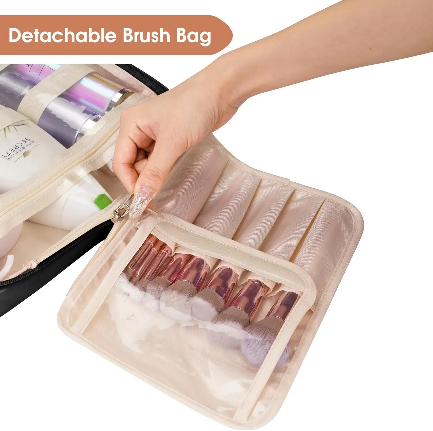 Wandering Nature Toiletry Bag for Women, Hanging Travel Makeup Organizer with 4 Compartments, Pu Leather Waterproof Cosmetic Bag for Full Sized Toiletries Black