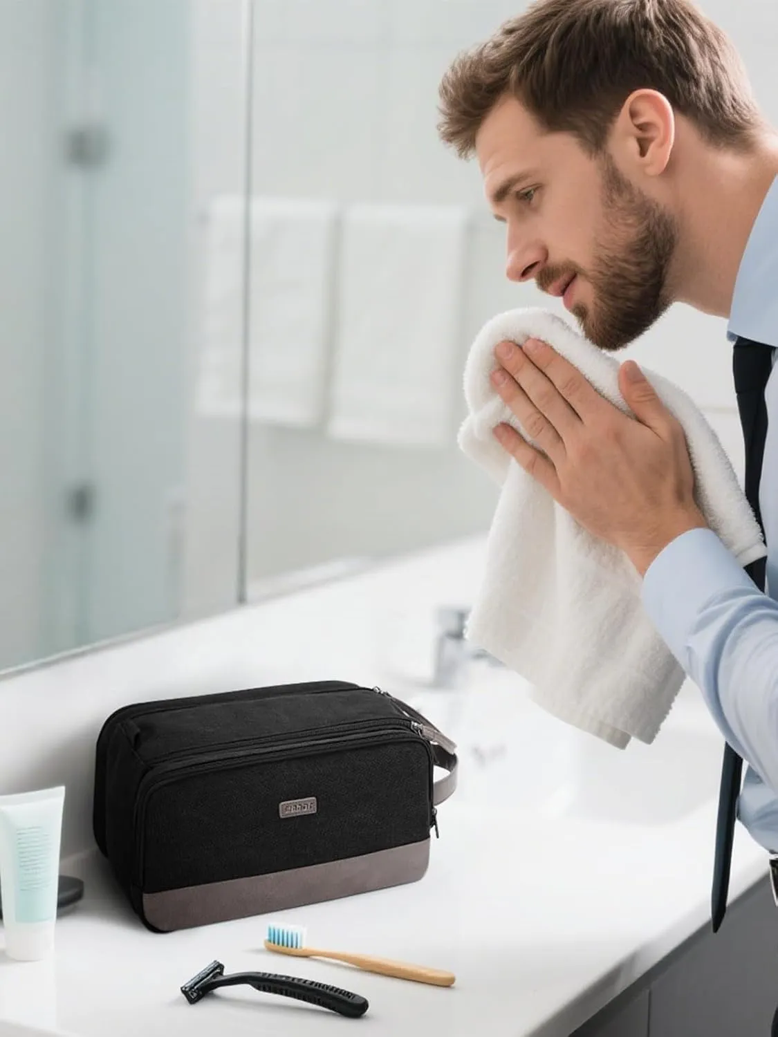 WANDF Toiletry Bag for Men Travel Toiletry Organizer Canvas and Leather Dopp Kit Water-Resistant Shaving Bag for Travel Accessories (Black, Patent Pending)