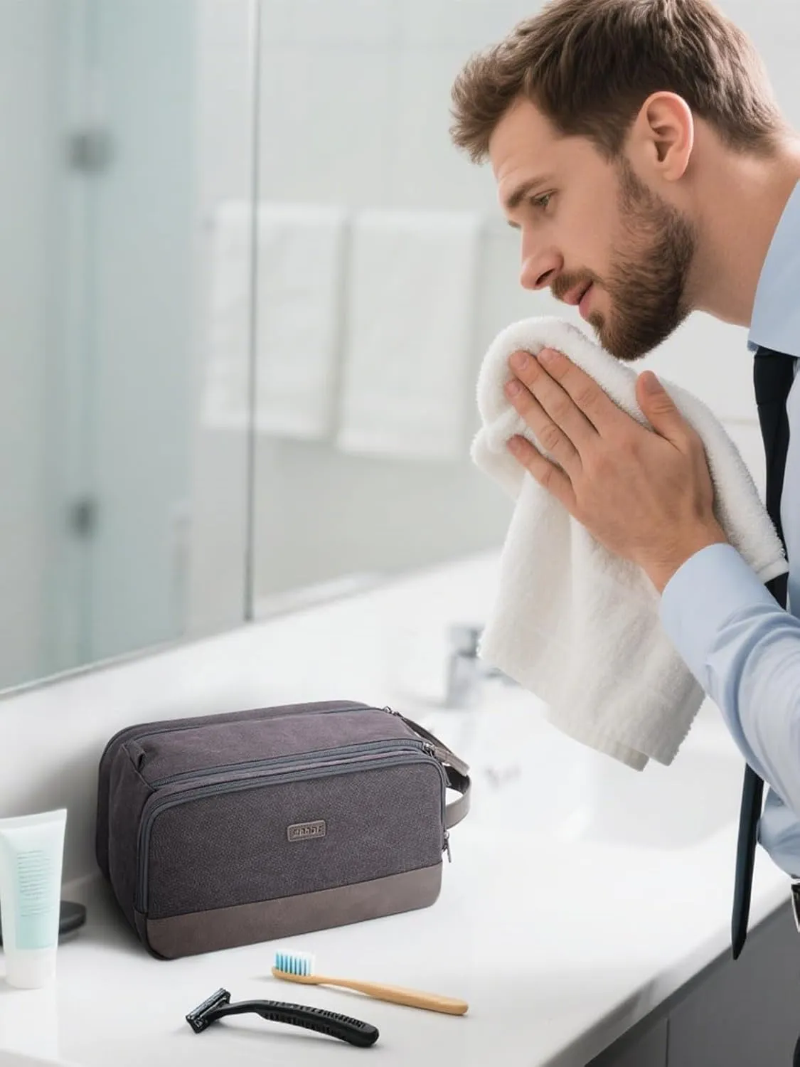 WANDF Toiletry Bag for Men Travel Toiletry Organizer Canvas and Leather Dopp Kit Water-Resistant Shaving Bag for Travel Accessories (Grey, Patent Pending)
