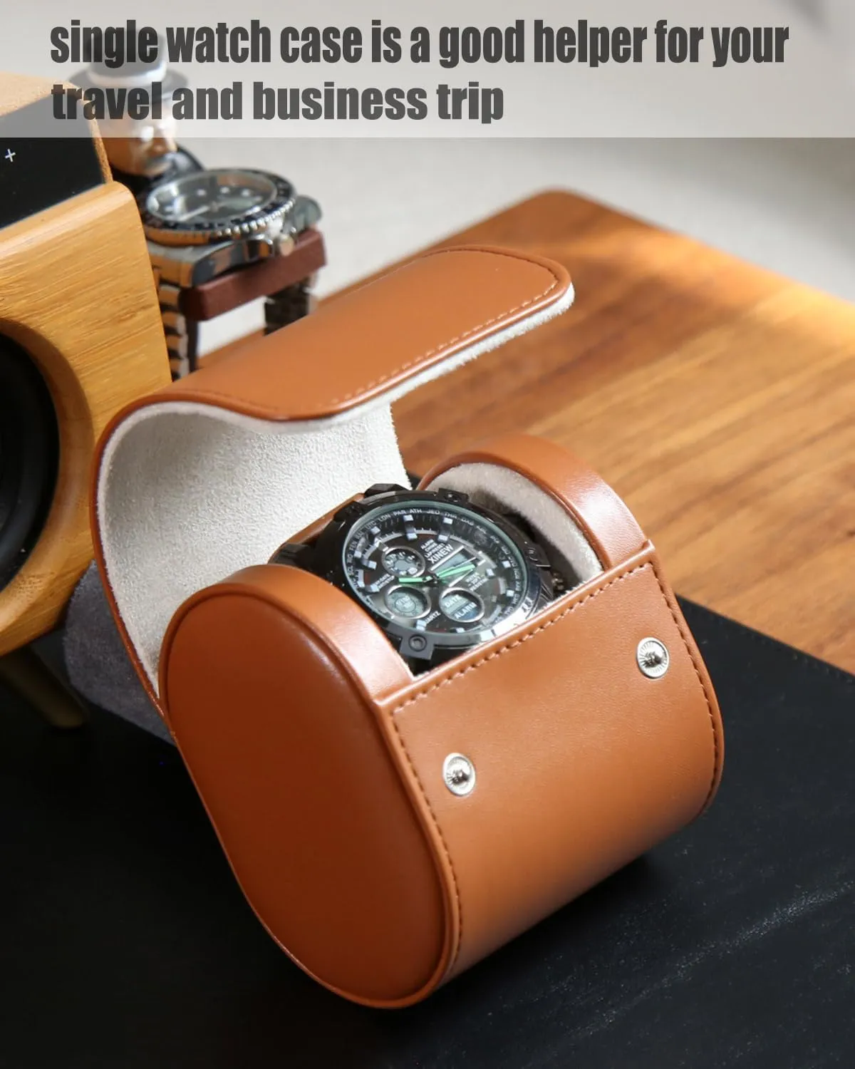 Watch Roll Travel Case for Men and Women with Suede Lining Watch Display Box Single Watch Storage and Organizer (1 Slot Light Brown)