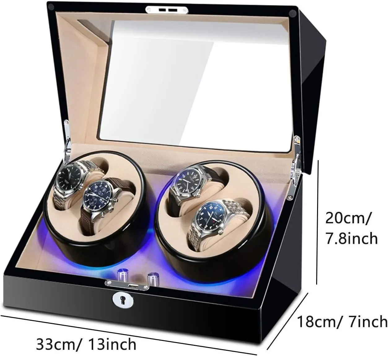 Watch Winder for 4 Automatic Watches Built-in Led Illumination Wood Shell Piano Paint Exterior Silent Motor Dual Power Supply,Black White