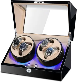 Watch Winder for 4 Automatic Watches Built-in Led Illumination Wood Shell Piano Paint Exterior Silent Motor Dual Power Supply,Black White