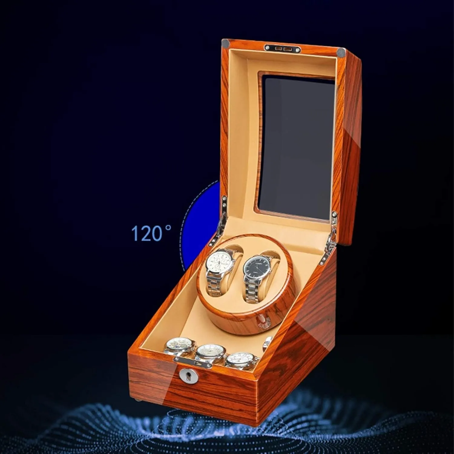 Watch Winder for Automatic Watches Ebony Wood Piano Paint Exterior Adapter and Battery Operated Quiet Motor Watch Winder Display Watch Box Storage (A 4 6)