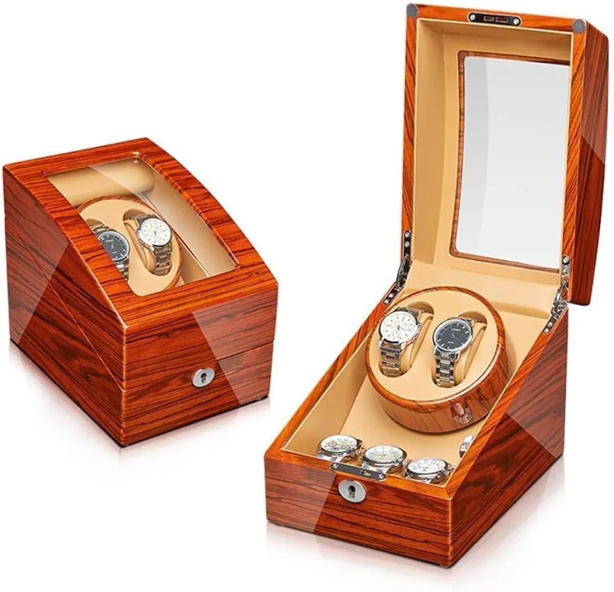 Watch Winder for Automatic Watches Ebony Wood Piano Paint Exterior Adapter and Battery Operated Quiet Motor Watch Winder Display Watch Box Storage (A 4 6)