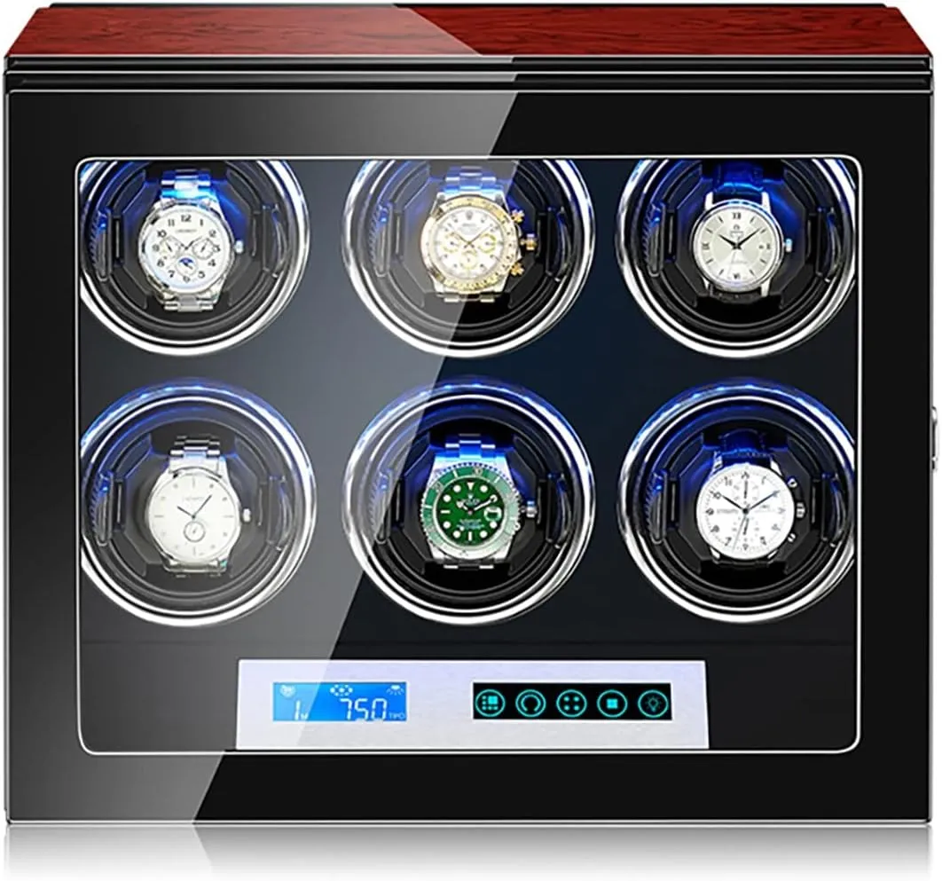Watches Automatic Watch Winder Wood Shell And Black Carbon Fiber Leather Watches Display Box With LED Lights And Japanese Motor Wooden Storage Case (6 0)