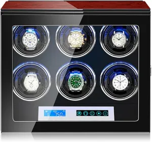 Watches Automatic Watch Winder Wood Shell And Black Carbon Fiber Leather Watches Display Box With LED Lights And Japanese Motor Wooden Storage Case (6 0)