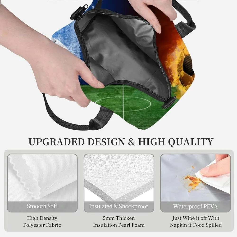 Water drops and fire flames around soccer ball the Insulated Adult Lunch Bag with Shoulder Strap for Women Lightweight Reusable Portable Freezable Lunch Tote Bag for Work Picnic