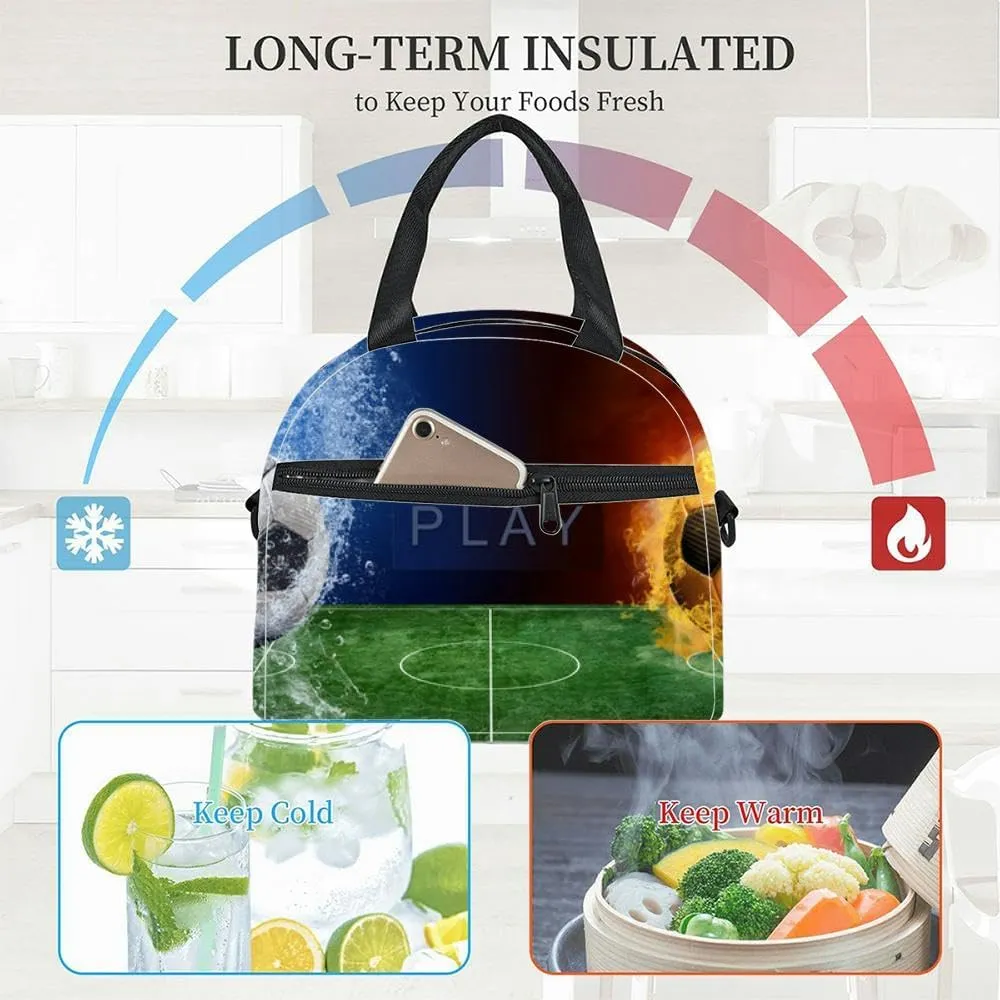 Water drops and fire flames around soccer ball the Insulated Adult Lunch Bag with Shoulder Strap for Women Lightweight Reusable Portable Freezable Lunch Tote Bag for Work Picnic