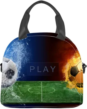 Water drops and fire flames around soccer ball the Insulated Adult Lunch Bag with Shoulder Strap for Women Lightweight Reusable Portable Freezable Lunch Tote Bag for Work Picnic