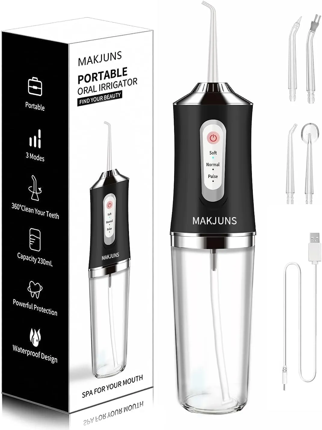 Water-Flosser-Cordless-Teeth-Cleaner Water Dental Flosser with 3 Modes 4 Jets Rechargeable IPX7 Waterproof for Travel Home Braces(Black)