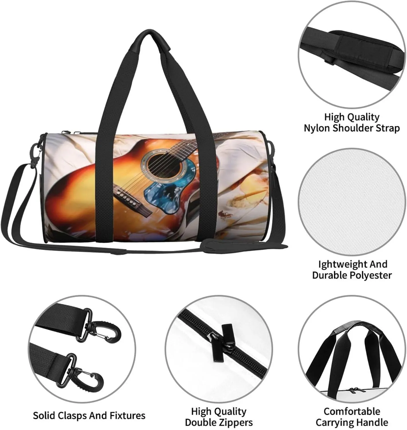 Watercolor Acoustic Guitar Travel Duffle Bag for Men Women Sport Gym Bag Foldable Weekender Bag Carry on Overnight Bag for Travel Swimming Basketball