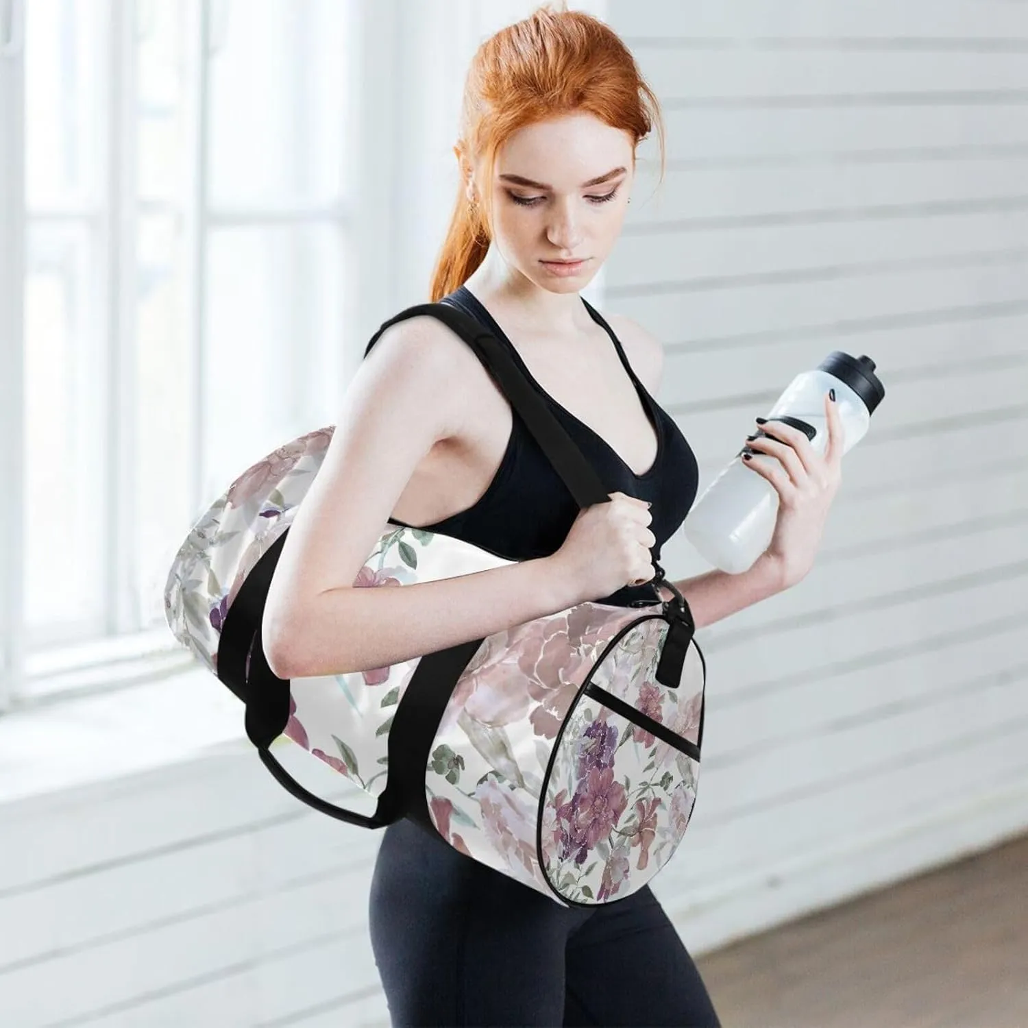 Watercolor Floral Flowers on White Seamless Pattern Portable Gym Bag, Travel Bag, Luggage bag, Sports Bag, Toiletry Bag with Handles, Detachable Shoulder Strap 17.6 x 9 x 9 inch