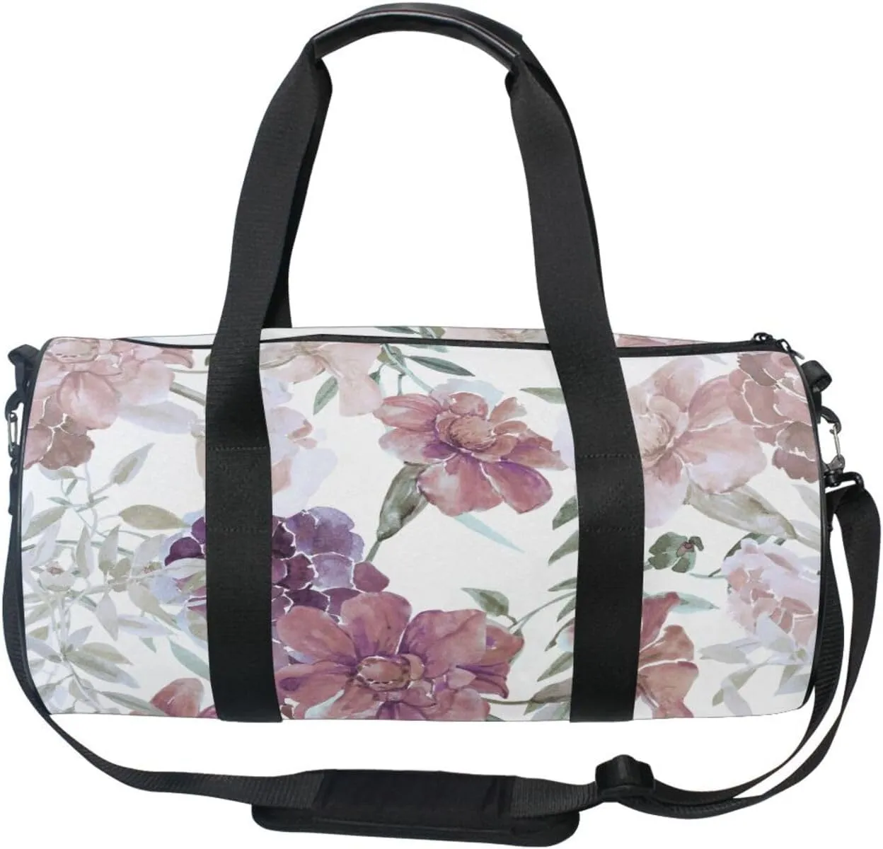 Watercolor Floral Flowers on White Seamless Pattern Portable Gym Bag, Travel Bag, Luggage bag, Sports Bag, Toiletry Bag with Handles, Detachable Shoulder Strap 17.6 x 9 x 9 inch