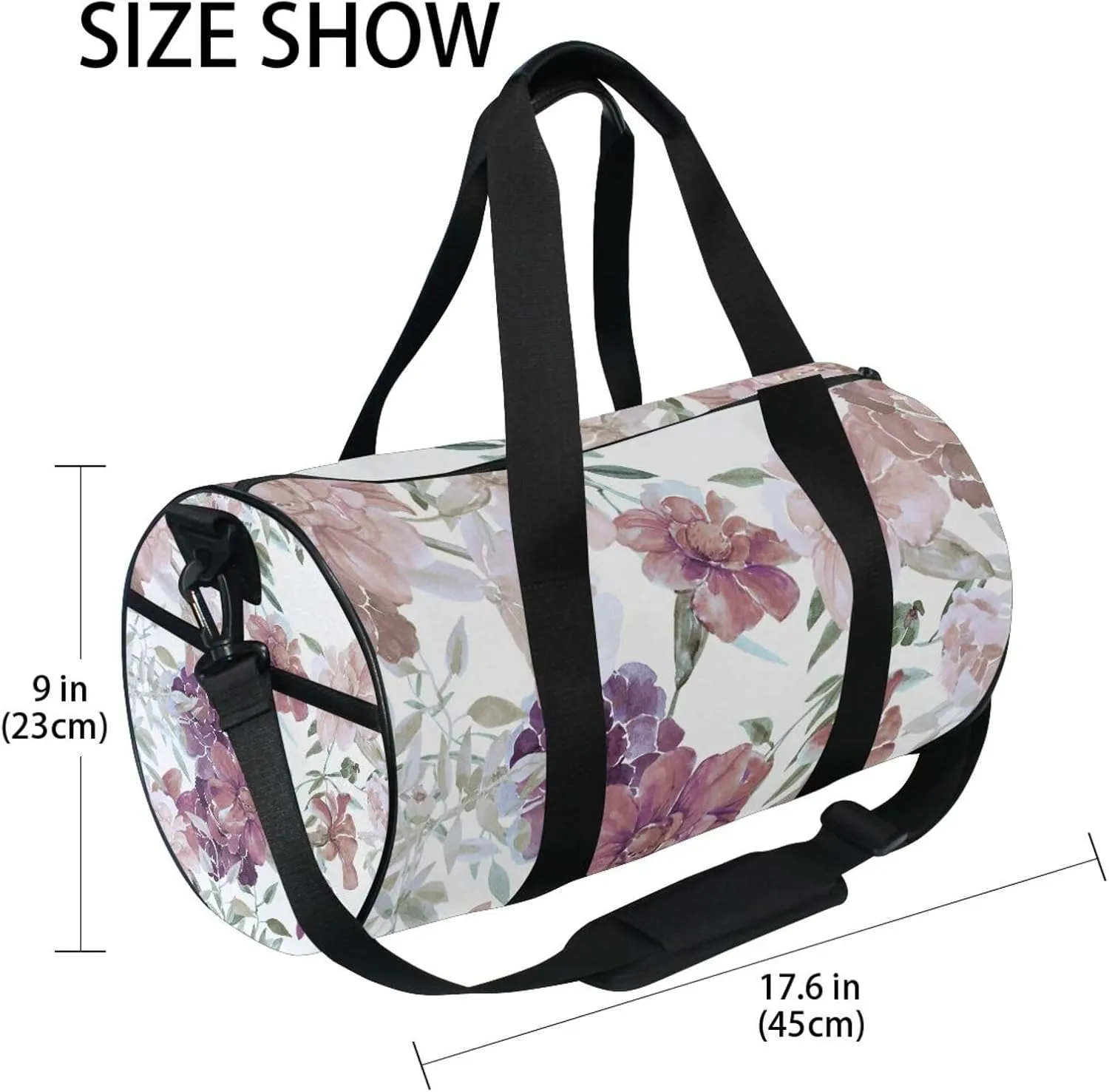 Watercolor Floral Flowers on White Seamless Pattern Portable Gym Bag, Travel Bag, Luggage bag, Sports Bag, Toiletry Bag with Handles, Detachable Shoulder Strap 17.6 x 9 x 9 inch