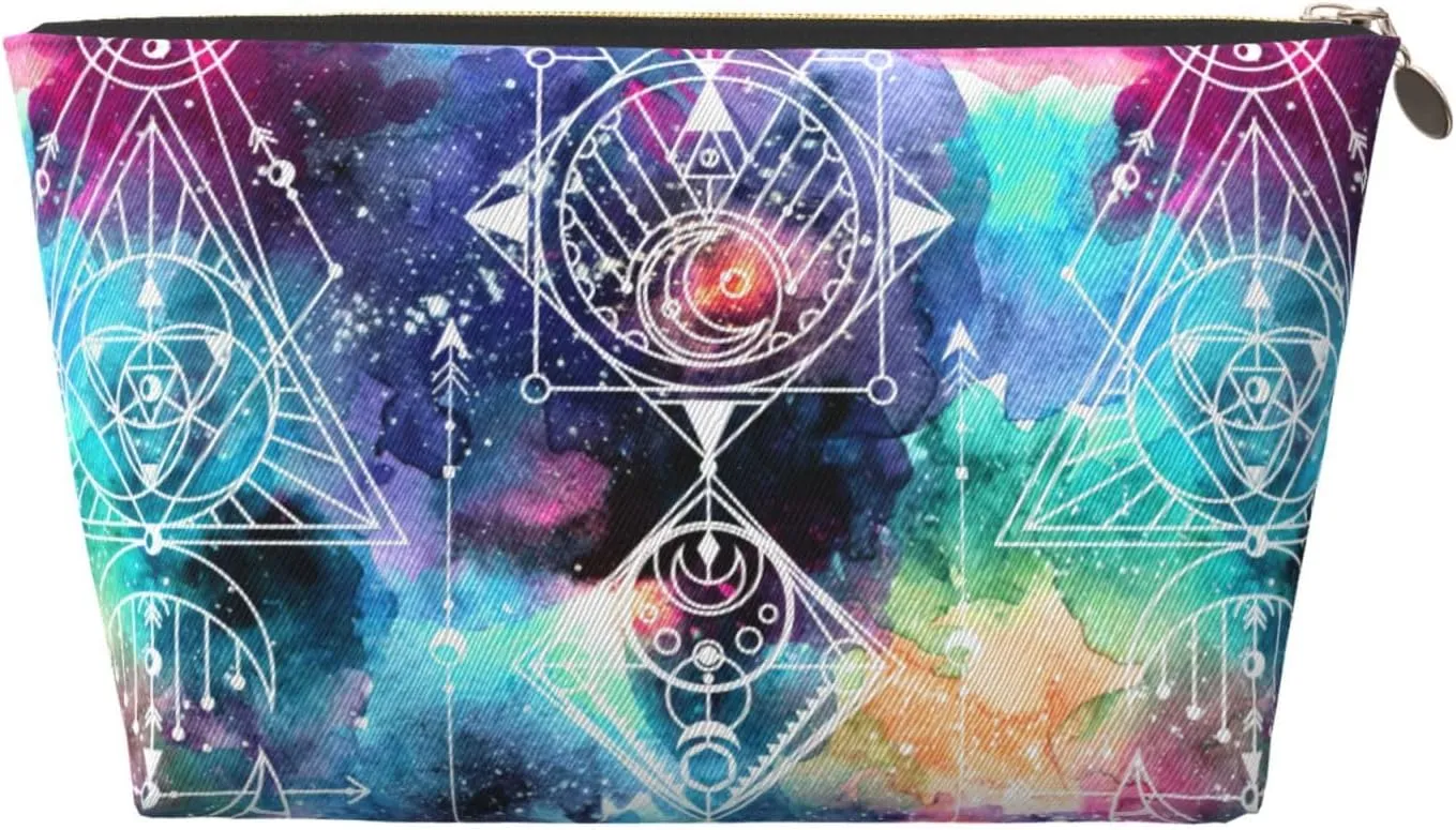 Watercolor Space Sacred Geometry Beautiful Small Makeup Bag For Purse,Leather Cosmetic Bags For Girls Women Zipper Travel Toiletry Pouch Makeup Bags