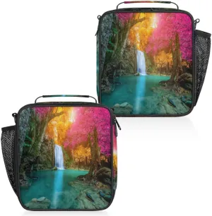 Waterfall Autumn Jungle Scenery Insulated Lunch Bag Reusable Waterproofing Lunch Box with Shoulder Strap Handle and Water Bottle Net Bag for Travel Camping Beach Picnic