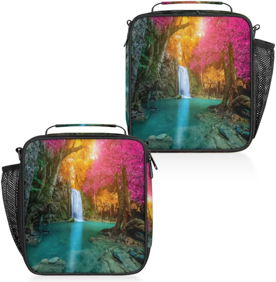 Waterfall Autumn Jungle Scenery Insulated Lunch Bag Reusable Waterproofing Lunch Box with Shoulder Strap Handle and Water Bottle Net Bag for Travel Camping Beach Picnic