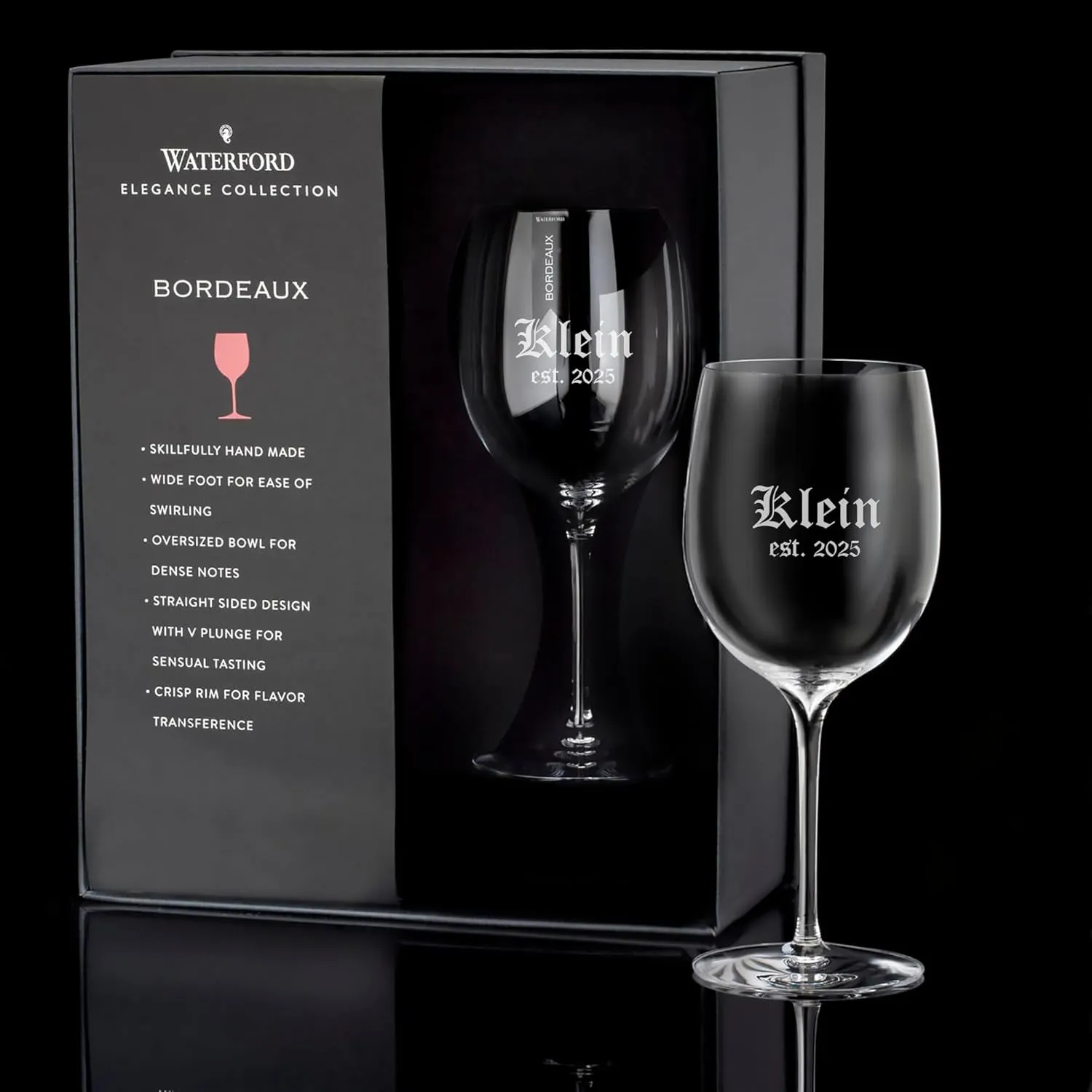 Waterford Personalized Elegance Bordeaux Wine Glasses, Set of 2 Custom Engraved 21.9oz Crystal Red Wine Glasses for Bordeaux, Merlot, Cabernet, Gifts for Wine Lovers