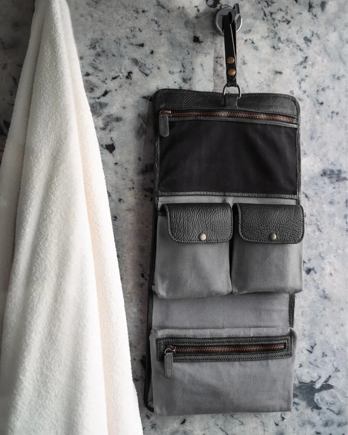 Waterproof Toiletry Bag | Made of Full grain Leather, Customized Water-Resistant Cosmetic Case For Men - Carry On Premium Quality Travel Organizer for Toiletries, Bison Leather Gun Metal Edition