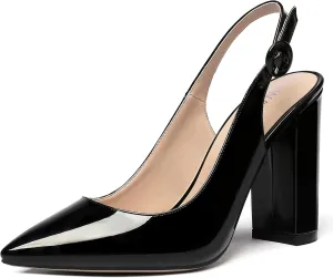 WAYDERNS Women's Patent Leather Pointed Toe Ankle Strap Slingback Block High Heel Pumps Sexy Wedding Dress Shoes 4 Inch