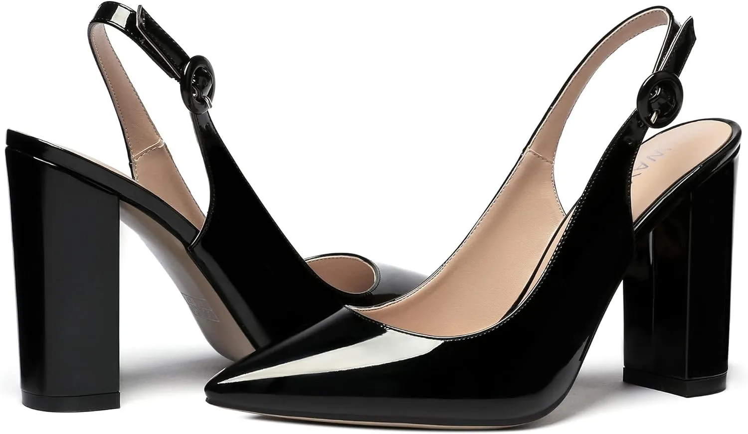 WAYDERNS Women's Patent Leather Pointed Toe Ankle Strap Slingback Block High Heel Pumps Sexy Wedding Dress Shoes 4 Inch