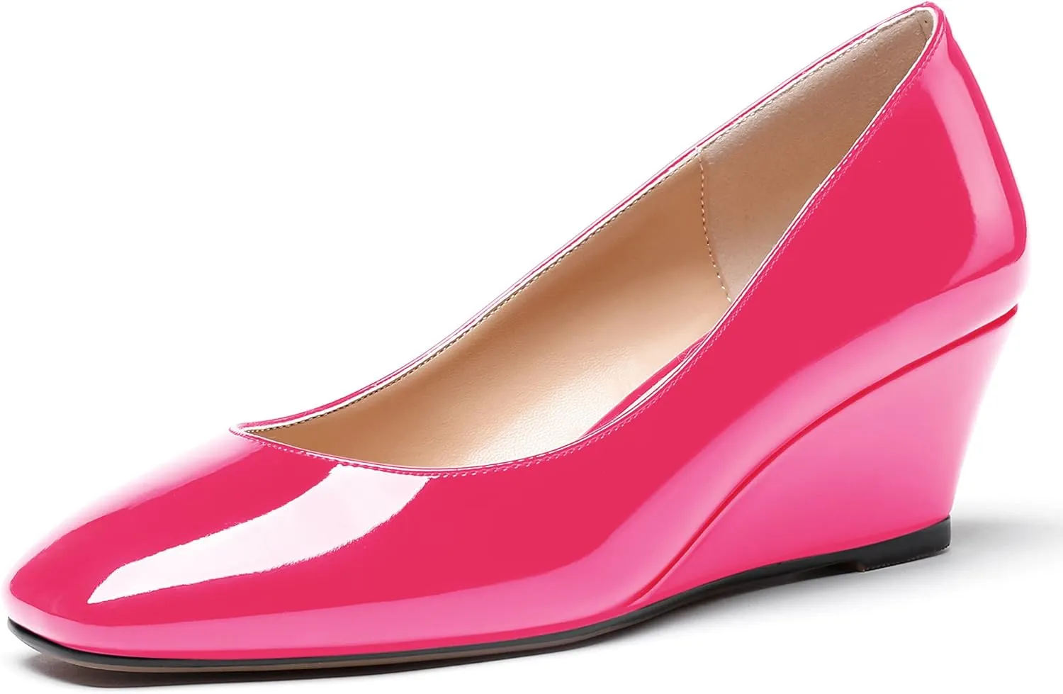 WAYDERNS Women's Slip On Patent Leather Square Toe Low Heel Wedge Pumps Shoes 2 Inch