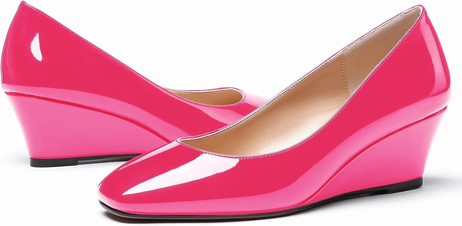 WAYDERNS Women's Slip On Patent Leather Square Toe Low Heel Wedge Pumps Shoes 2 Inch