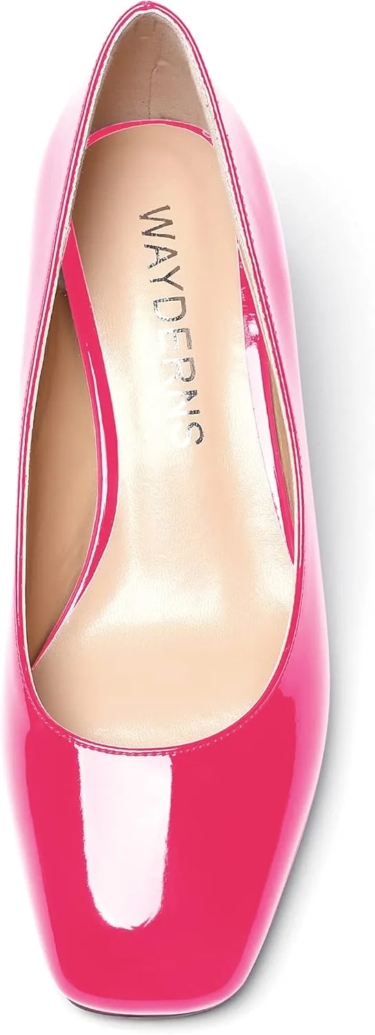WAYDERNS Women's Slip On Patent Leather Square Toe Low Heel Wedge Pumps Shoes 2 Inch