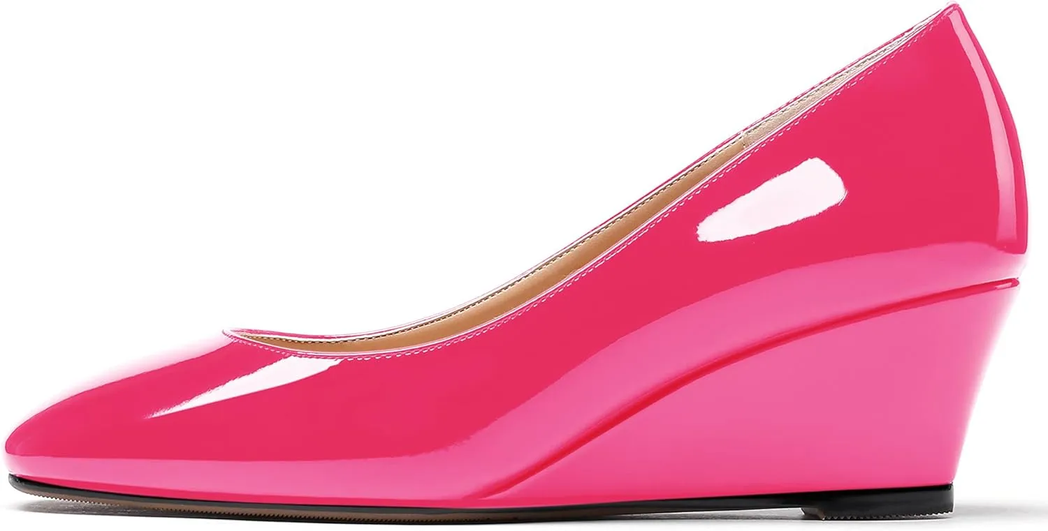 WAYDERNS Women's Slip On Patent Leather Square Toe Low Heel Wedge Pumps Shoes 2 Inch