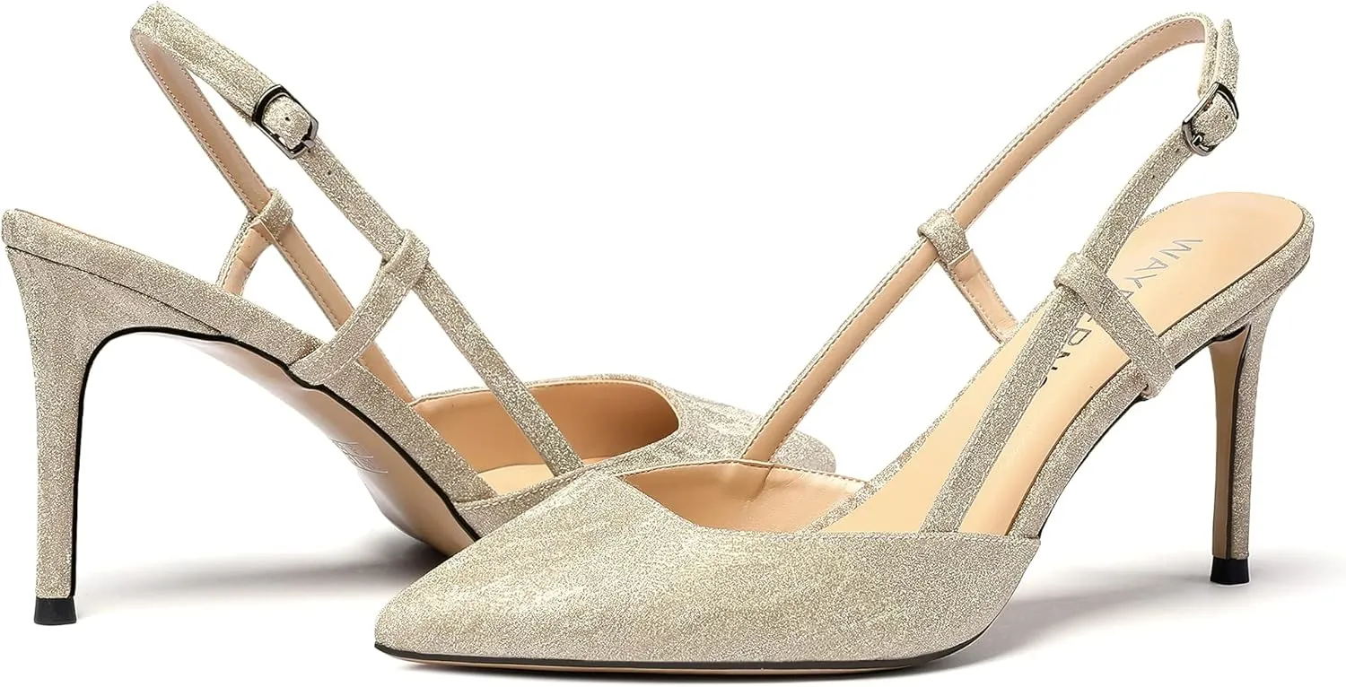 WAYDERNS Women's Solid Pointed Toe Buckle Slingback Ankle Strap Patent Leather Stiletto High Heel Pumps Shoes 3.5 Inch