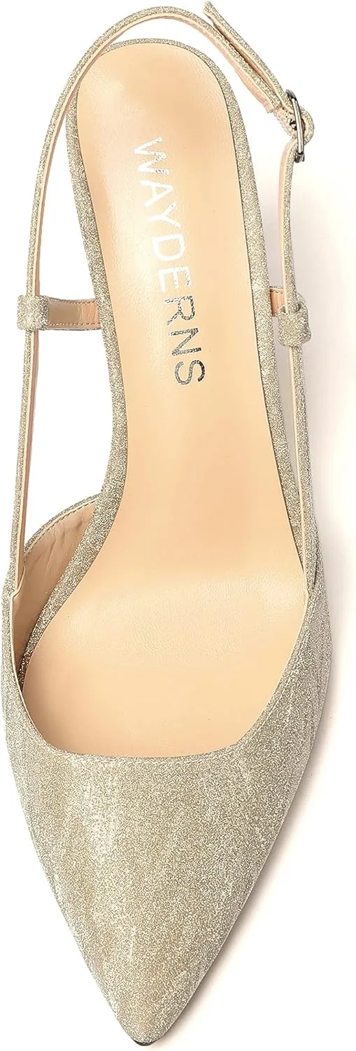 WAYDERNS Women's Solid Pointed Toe Buckle Slingback Ankle Strap Patent Leather Stiletto High Heel Pumps Shoes 3.5 Inch