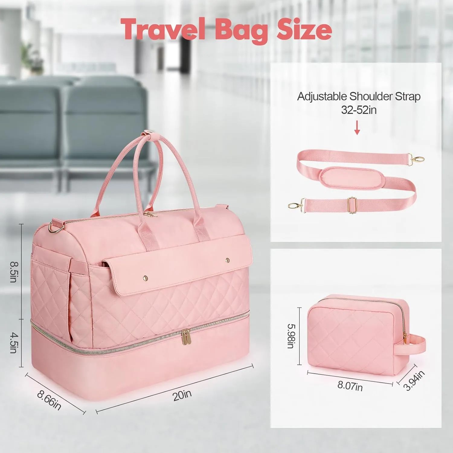 Wedama Travel Duffel Bag, Large Weekender Bag for Women with Shoe Compartment, Carry on Overnight Bag with Toiletry Makeup Bag, Gym Duffel Bag Travel Tote Bag for Travel Gym Camping Hospital, Pink