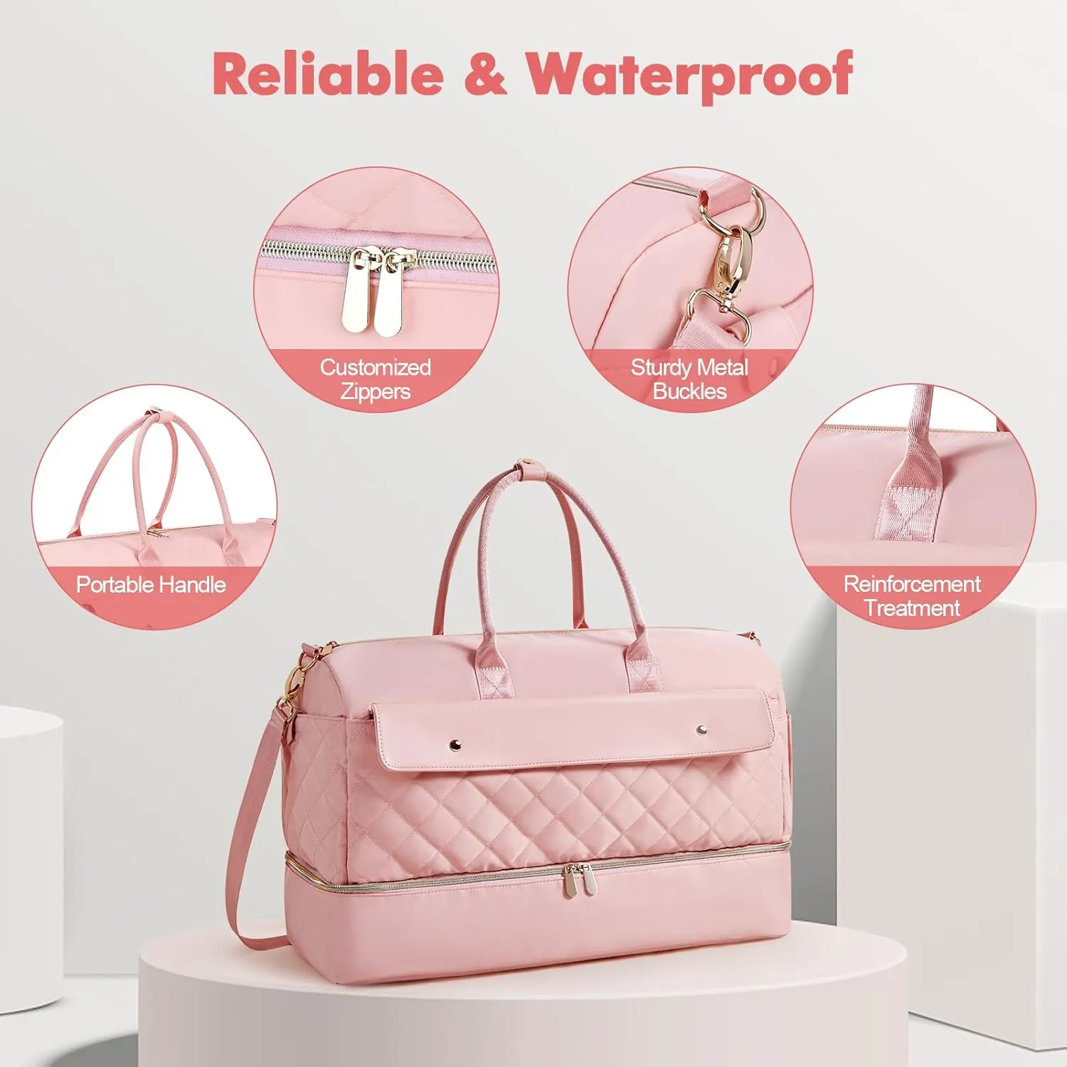 Wedama Travel Duffel Bag, Large Weekender Bag for Women with Shoe Compartment, Carry on Overnight Bag with Toiletry Makeup Bag, Gym Duffel Bag Travel Tote Bag for Travel Gym Camping Hospital, Pink