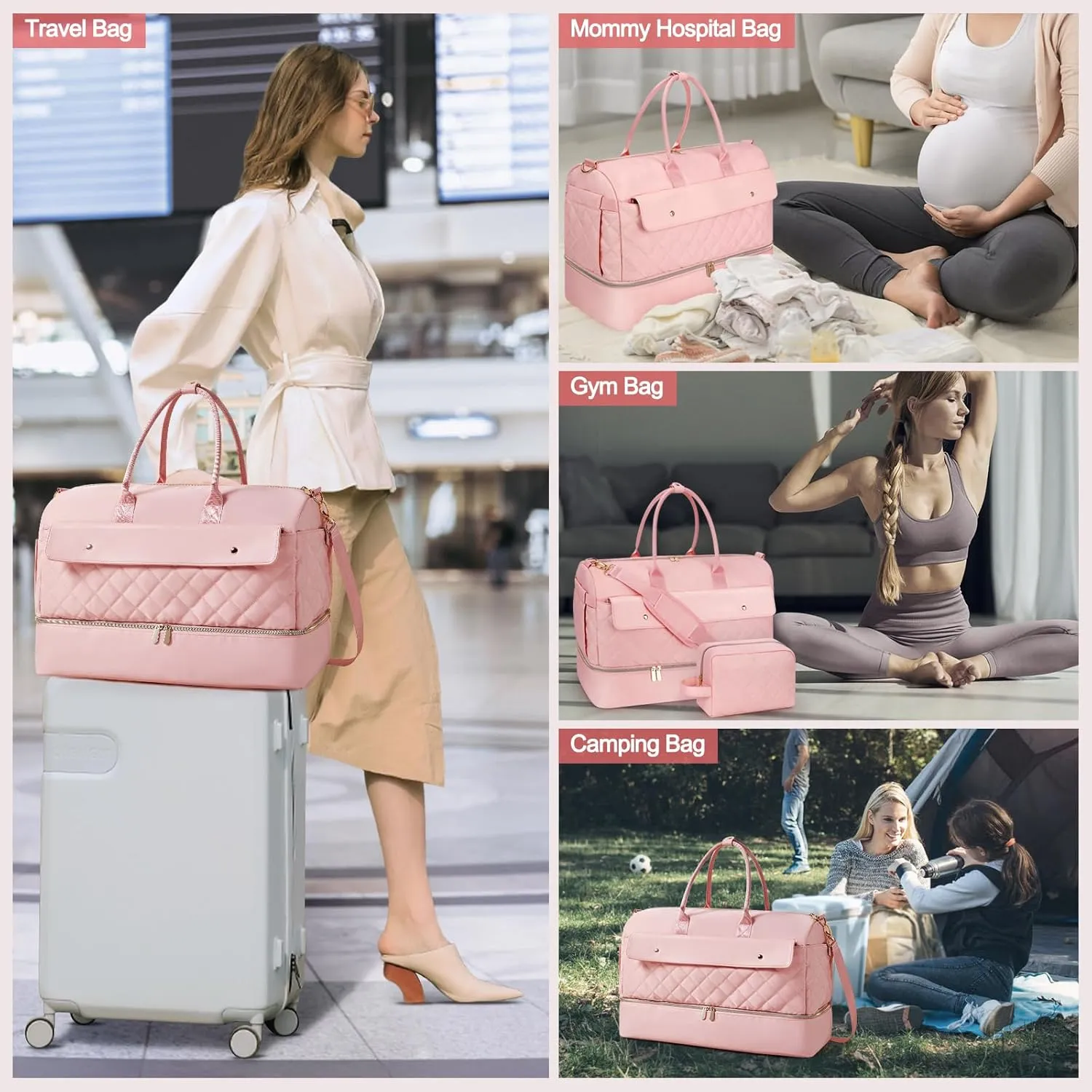 Wedama Travel Duffel Bag, Large Weekender Bag for Women with Shoe Compartment, Carry on Overnight Bag with Toiletry Makeup Bag, Gym Duffel Bag Travel Tote Bag for Travel Gym Camping Hospital, Pink