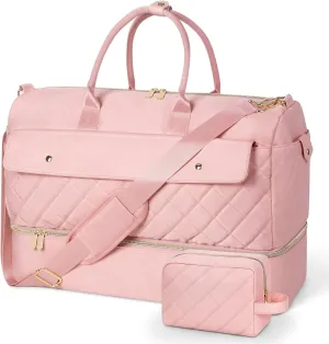 Wedama Travel Duffel Bag, Large Weekender Bag for Women with Shoe Compartment, Carry on Overnight Bag with Toiletry Makeup Bag, Gym Duffel Bag Travel Tote Bag for Travel Gym Camping Hospital, Pink