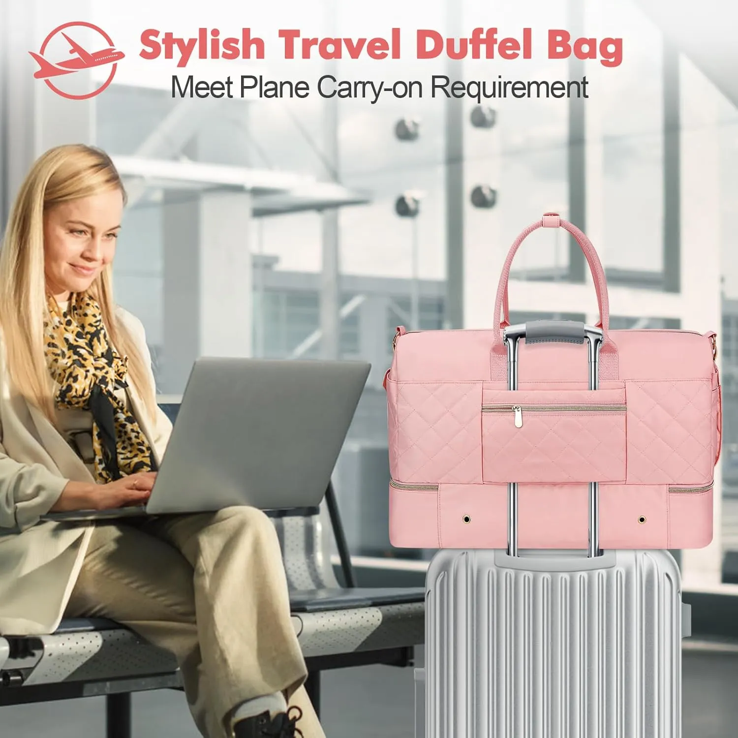 Wedama Travel Duffel Bag, Large Weekender Bag for Women with Shoe Compartment, Carry on Overnight Bag with Toiletry Makeup Bag, Gym Duffel Bag Travel Tote Bag for Travel Gym Camping Hospital, Pink