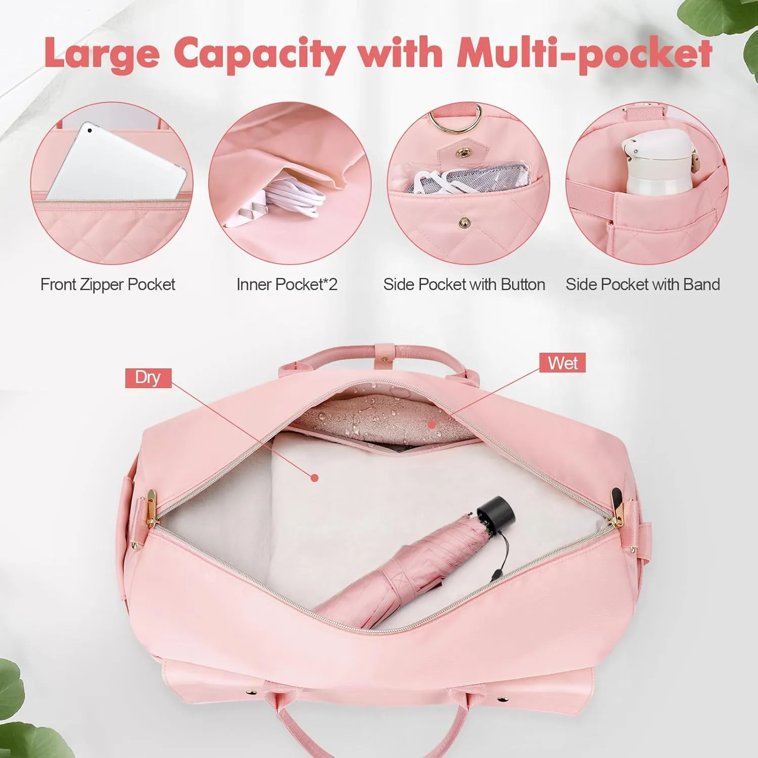 Wedama Travel Duffel Bag, Large Weekender Bag for Women with Shoe Compartment, Carry on Overnight Bag with Toiletry Makeup Bag, Gym Duffel Bag Travel Tote Bag for Travel Gym Camping Hospital, Pink