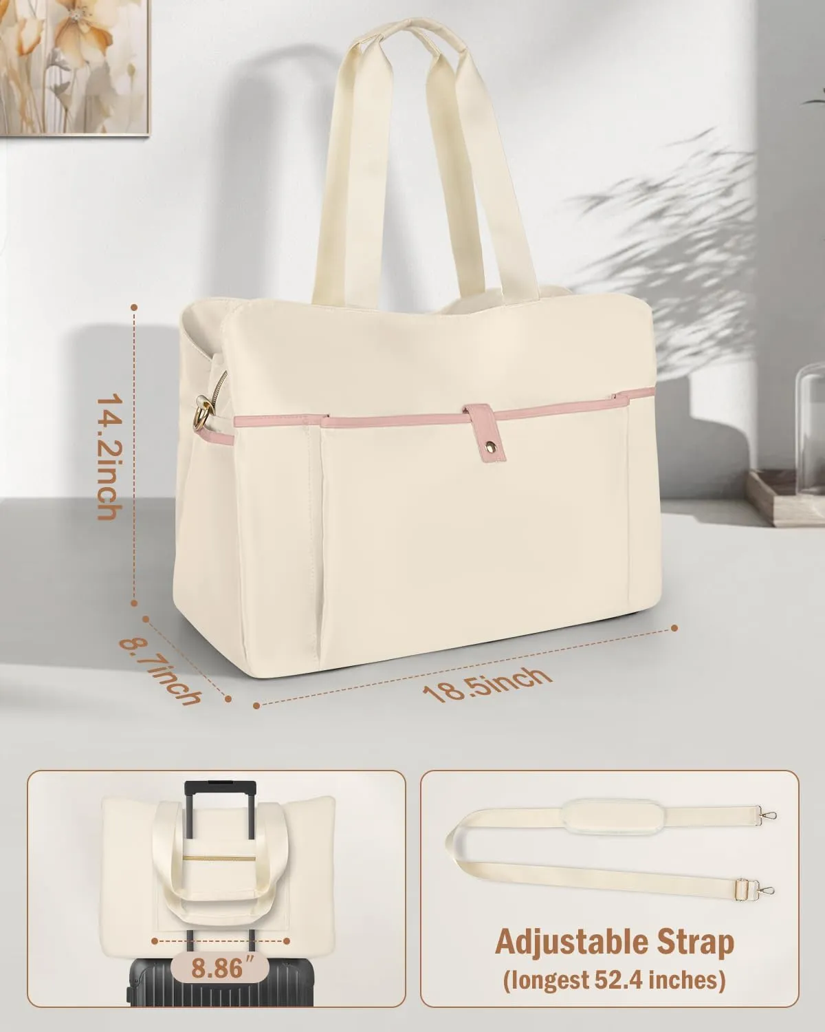Wedama Weekender Bag for Women - Large Travel Duffel with Multi Compartments, Sport Gym & Overnight Bag with Wet Pocket, Beige