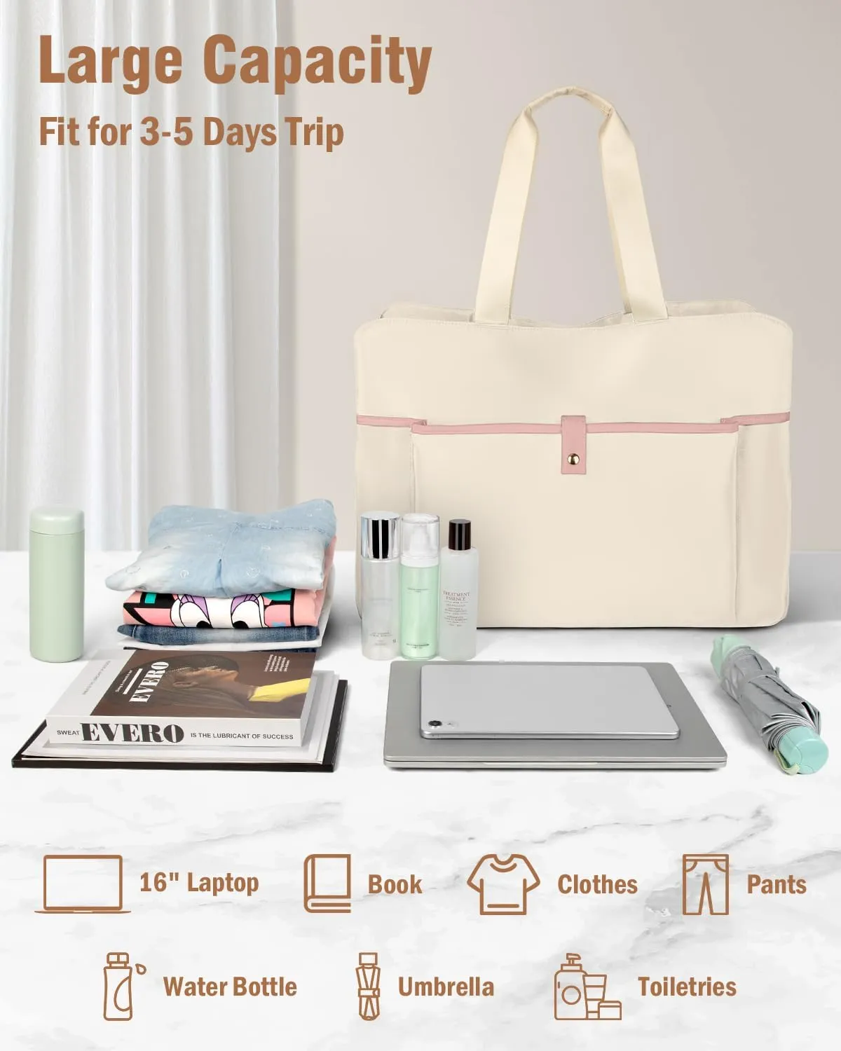 Wedama Weekender Bag for Women - Large Travel Duffel with Multi Compartments, Sport Gym & Overnight Bag with Wet Pocket, Beige