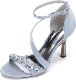 Wedding for Women Peep Toe Buckle Ankle Strap Sandals for Pumps Rhinestones Bridal Shoes Comfy Satin Evening Party Prom Dress Bridesmaids Shoes