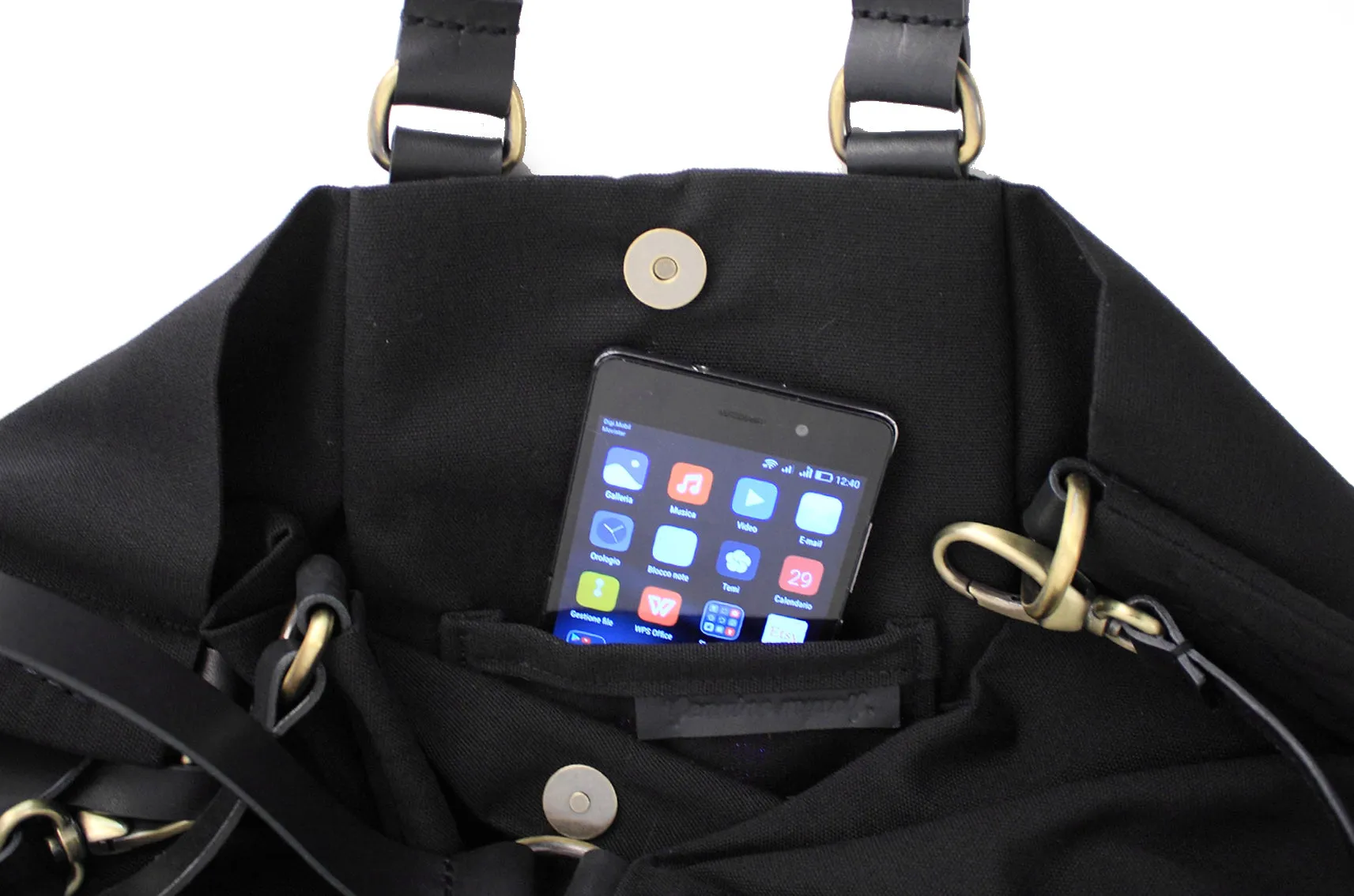 Weekend bag canvas and leather shoulder bag, black. Personalized bag with name