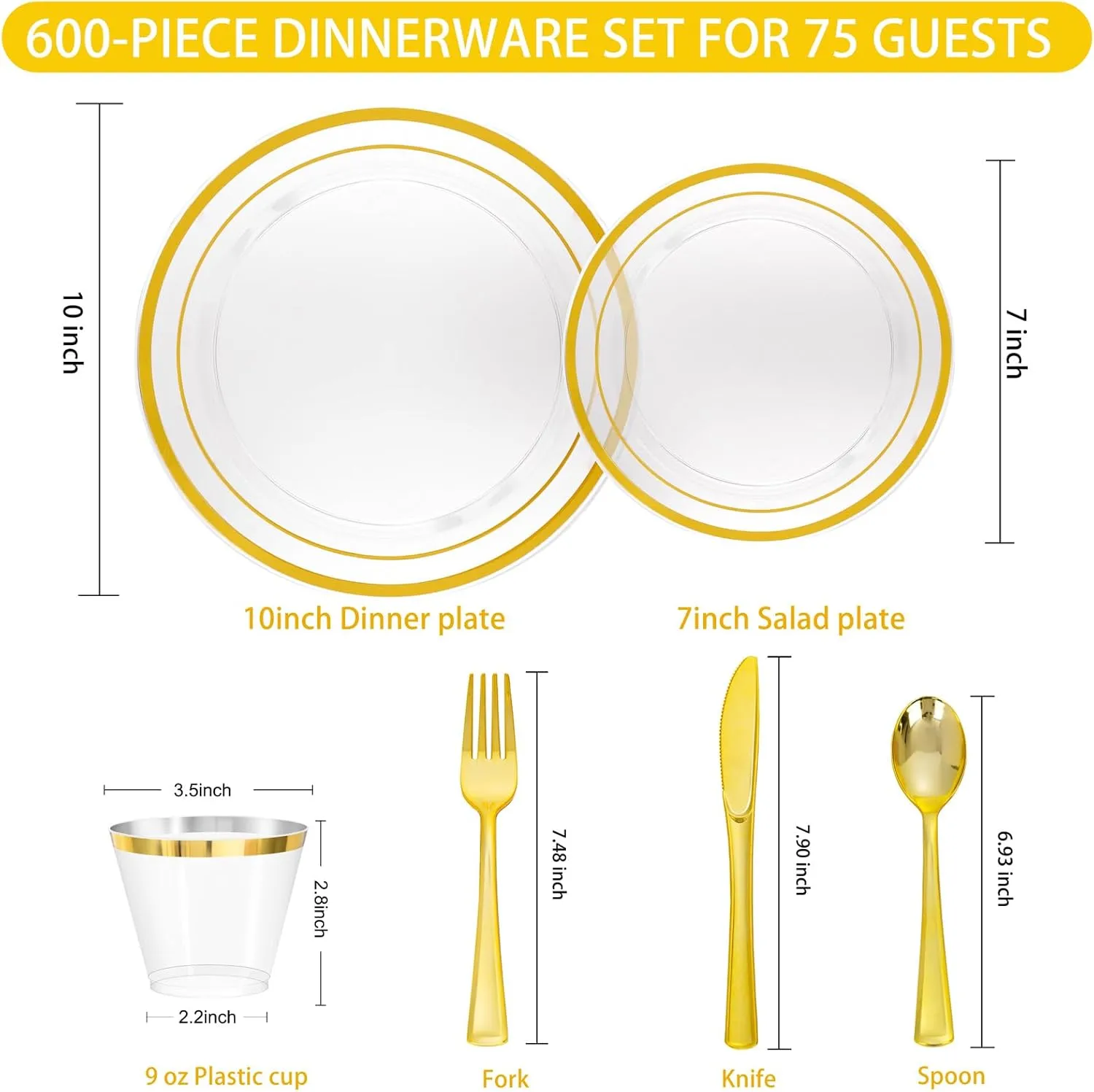 WELLIFE 600 PCS Clear Gold Disposable Dinnerware Set for 100 Guests, Clear and Gold Plastic Plates, Gold rimmed Plastic Dinner & Salad Plates,Cups,Silverware Set for Wedding and Easter Events