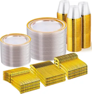 WELLIFE 600 PCS Clear Gold Disposable Dinnerware Set for 100 Guests, Clear and Gold Plastic Plates, Gold rimmed Plastic Dinner & Salad Plates,Cups,Silverware Set for Wedding and Easter Events