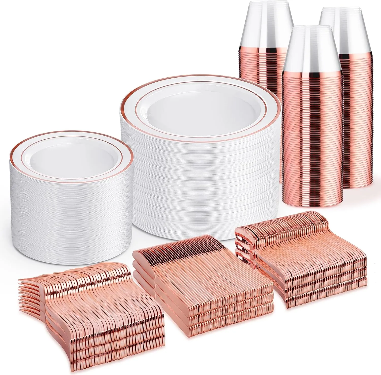 WELLIFE 600 PCS Rose Gold Disposable Dinnerware Set for 100 Guests, Valentine's Day Plate, 100 Each-Dinner & Salad Plates, Cups, Forks Knives Spoons for Wedding Reception and Mothers Day Plates
